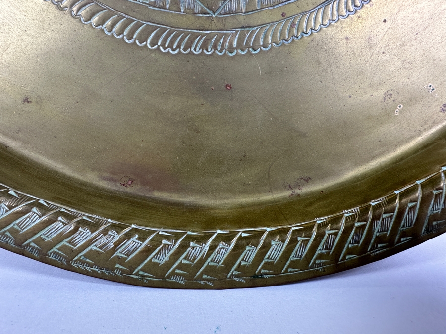 Vintage Signed Middle Eastern Moroccan Hand-Engraved Islamic Round Brass Tray 13.5W [Photo 3]