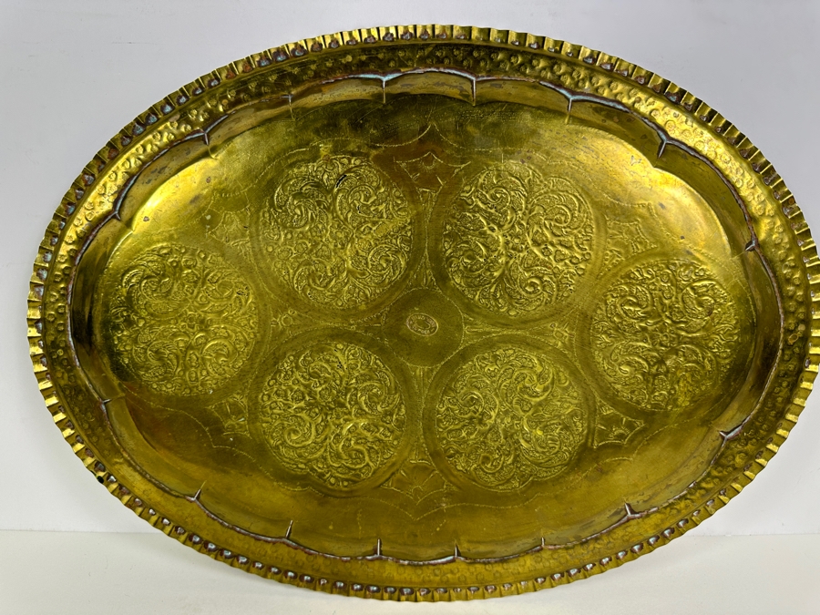 Vintage Fauzi Nass Tripoli, Libya Hand Hammered Engraved Brass Oval Serving Tray 17.75W X 13H [Photo 4]