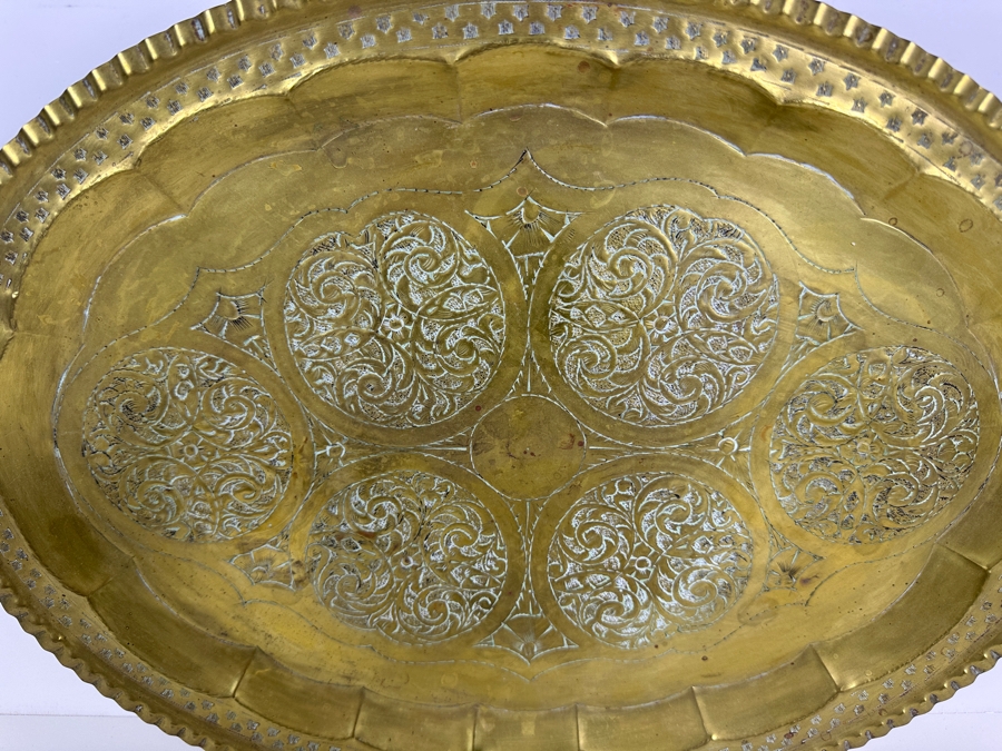 Vintage Fauzi Nass Tripoli, Libya Hand Hammered Engraved Brass Oval Serving Tray 17.75W X 13H [Photo 2]
