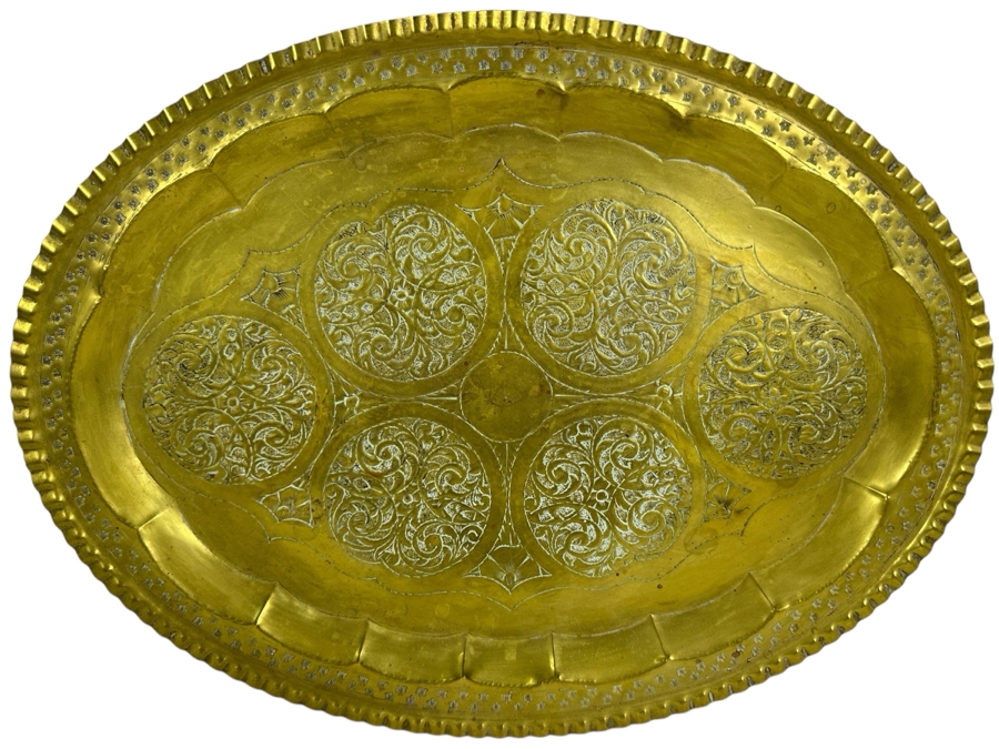 Vintage Fauzi Nass Tripoli, Libya Hand Hammered Engraved Brass Oval Serving Tray 17.75W X 13H [Photo 1]