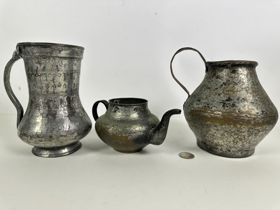 Antique Persian Tinned Copper Jugs And Teapot 4'H - 7'H [Photo 2]