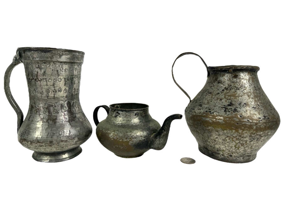 Antique Persian Tinned Copper Jugs And Teapot 4'H - 7'H [Photo 1]