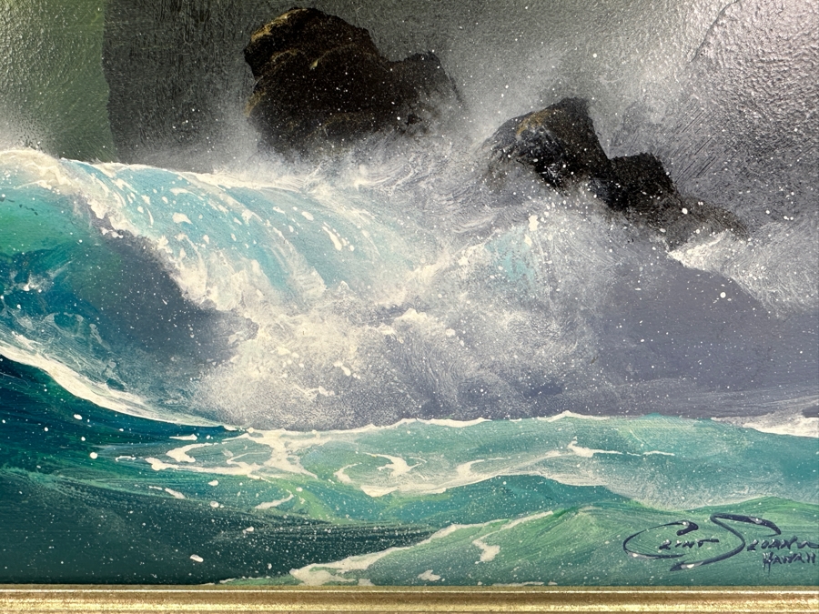 Clint Sloan (B. 1965, Hawaii) Original Hawaiian Breaking Wave Oil Painting On Board 10 X 15 Framed 18.5 X 23.5 [Photo 5]