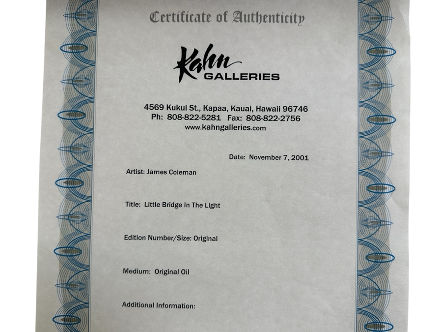 James Coleman (B. 1949, California/Hawaii) Original Oil Painting On Canvas With Certificate Of Authenticity (Former Disney Animated Film Artist) 18 X 14 Framed 21.5 X 17.5 [Photo 17]