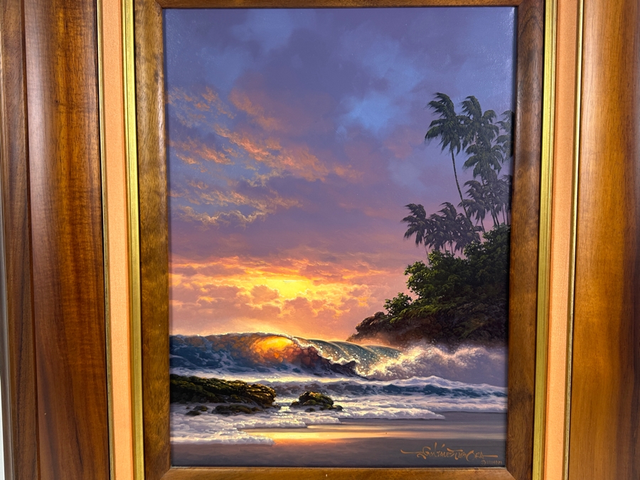 Roy Gonzalez Tabora (B. 1956, Hawaii) Original Stunning Hawaiian Breaking Wave On Canvas Titled 'Echo Of The Sun' 12 X 16 In A Beautiful Koa Wood Frame 22 X 26 [Photo 3]