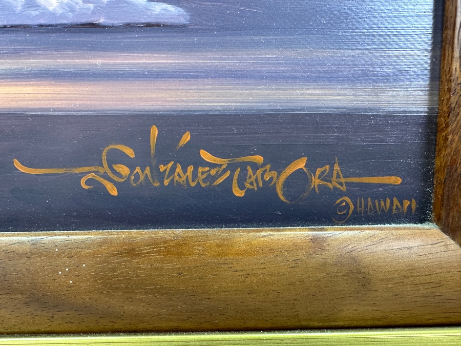 Roy Gonzalez Tabora (B. 1956, Hawaii) Original Stunning Hawaiian Breaking Wave On Canvas Titled 'Echo Of The Sun' 12 X 16 In A Beautiful Koa Wood Frame 22 X 26 [Photo 7]