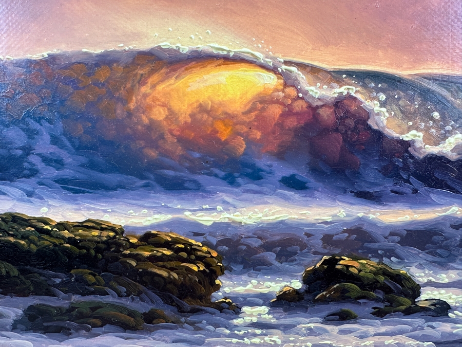 Roy Gonzalez Tabora (B. 1956, Hawaii) Original Stunning Hawaiian Breaking Wave On Canvas Titled 'Echo Of The Sun' 12 X 16 In A Beautiful Koa Wood Frame 22 X 26 [Photo 5]