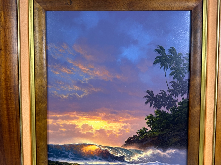 Roy Gonzalez Tabora (B. 1956, Hawaii) Original Stunning Hawaiian Breaking Wave On Canvas Titled 'Echo Of The Sun' 12 X 16 In A Beautiful Koa Wood Frame 22 X 26 [Photo 11]