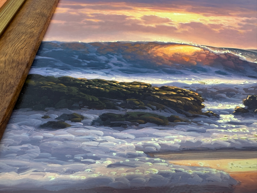 Roy Gonzalez Tabora (B. 1956, Hawaii) Original Stunning Hawaiian Breaking Wave On Canvas Titled 'Echo Of The Sun' 12 X 16 In A Beautiful Koa Wood Frame 22 X 26 [Photo 17]