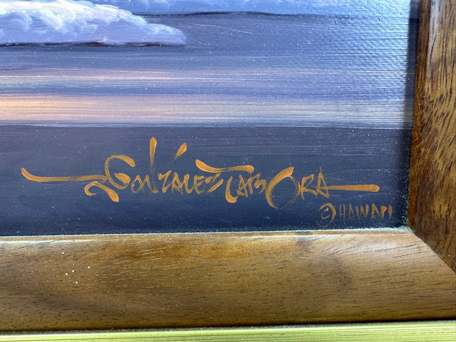 Roy Gonzalez Tabora (B. 1956, Hawaii) Original Stunning Hawaiian Breaking Wave On Canvas Titled 'Echo Of The Sun' 12 X 16 In A Beautiful Koa Wood Frame 22 X 26 [Photo 8]