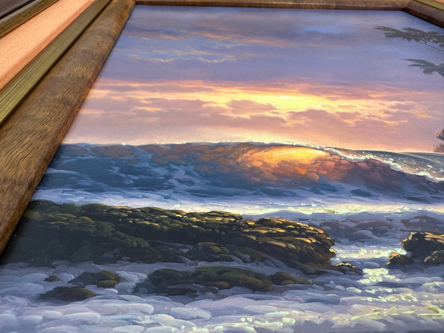 Roy Gonzalez Tabora (B. 1956, Hawaii) Original Stunning Hawaiian Breaking Wave On Canvas Titled 'Echo Of The Sun' 12 X 16 In A Beautiful Koa Wood Frame 22 X 26 [Photo 18]