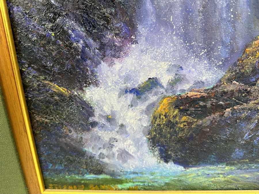 Stephen Sands (B. 1930, Hawaii) Original Plein Air Oil Painting On Canvas Titled 'Island Falls' Dated August, 2002 Hawaii 20 X 30 Framed 29 X 39 [Photo 5]