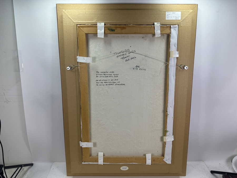 Stephen Sands (B. 1930, Hawaii) Original Plein Air Oil Painting On Canvas Titled 'Island Falls' Dated August, 2002 Hawaii 20 X 30 Framed 29 X 39 [Photo 10]