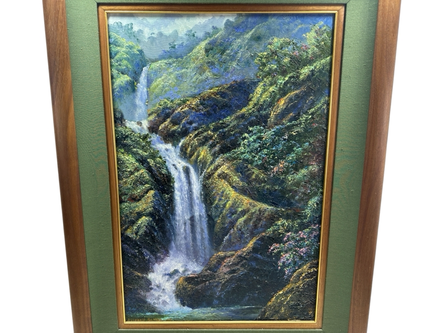 Stephen Sands (B. 1930, Hawaii) Original Plein Air Oil Painting On Canvas Titled 'Island Falls' Dated August, 2002 Hawaii 20 X 30 Framed 29 X 39 [Photo 1]