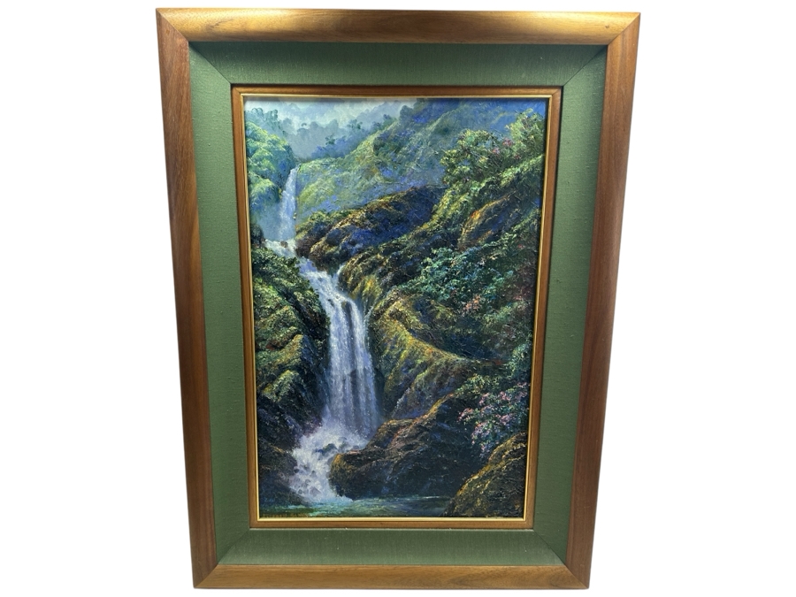 Stephen Sands (B. 1930, Hawaii) Original Plein Air Oil Painting On Canvas Titled 'Island Falls' Dated August, 2002 Hawaii 20 X 30 Framed 29 X 39 [Photo 2]