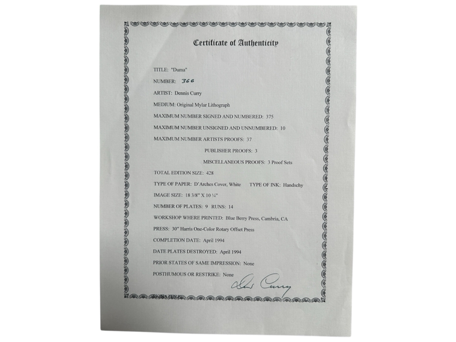 Hand Signed Limited Edition Print Titled 'Duma' By Dennis Curry Numbered 366 Of 375 With Certificate Of Authenticity19 X 12 Framed 30 X 22.5 [Photo 2]