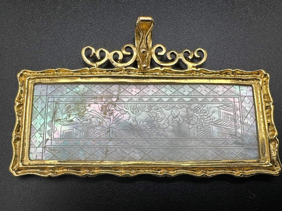 Stunning Chinese Antique Carved Mother Of Pearl Gaming Counter Framed In A 14K Gold Bamboo Motif Pendant 2 X 1.25 7.3g [Photo 7]