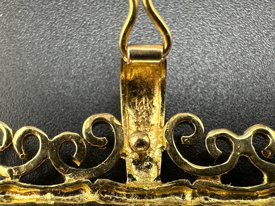 Stunning Chinese Antique Carved Mother Of Pearl Gaming Counter Framed In A 14K Gold Bamboo Motif Pendant 2 X 1.25 7.3g [Photo 11]