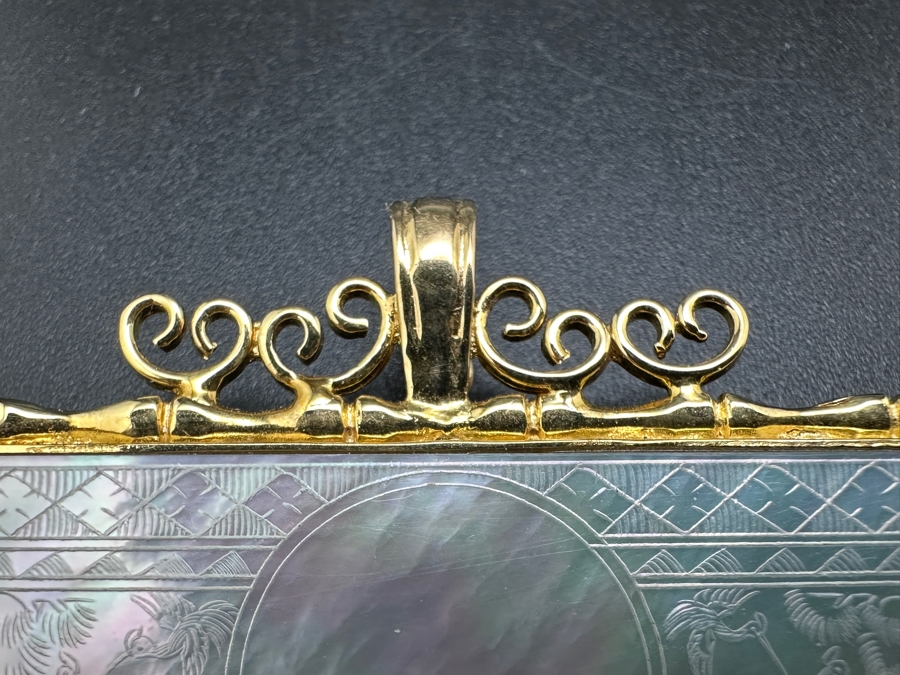 Stunning Chinese Antique Carved Mother Of Pearl Gaming Counter Framed In A 14K Gold Bamboo Motif Pendant 2 X 1.25 7.3g [Photo 6]