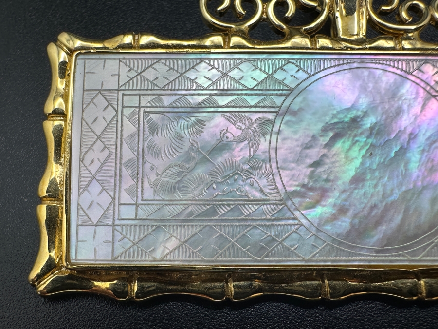 Stunning Chinese Antique Carved Mother Of Pearl Gaming Counter Framed In A 14K Gold Bamboo Motif Pendant 2 X 1.25 7.3g [Photo 3]