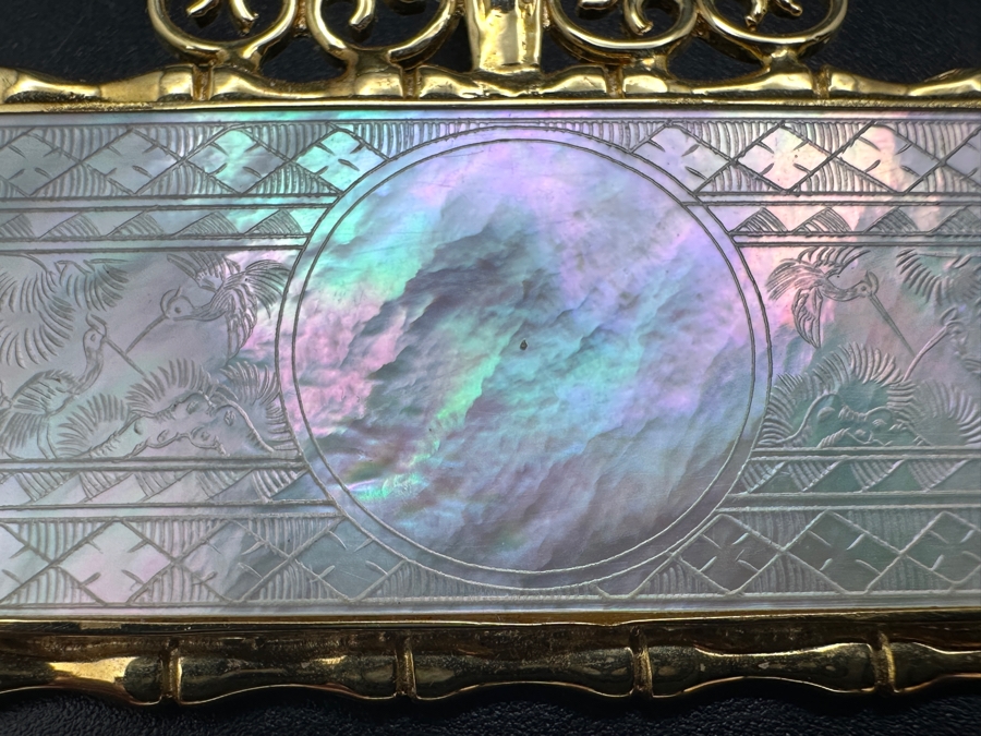 Stunning Chinese Antique Carved Mother Of Pearl Gaming Counter Framed In A 14K Gold Bamboo Motif Pendant 2 X 1.25 7.3g [Photo 4]