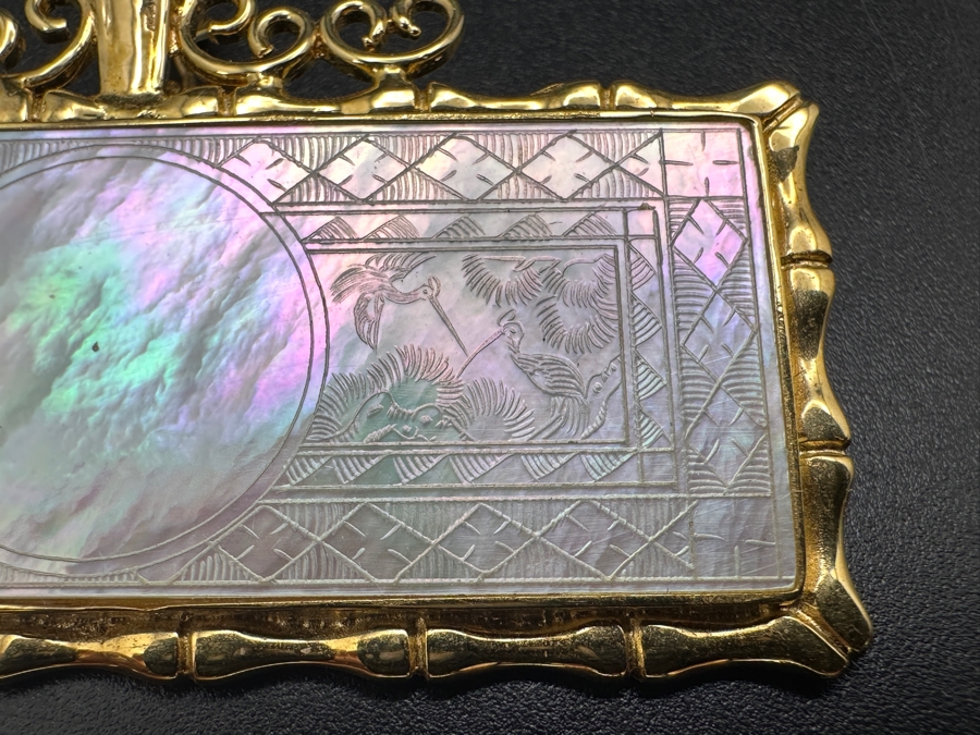 Stunning Chinese Antique Carved Mother Of Pearl Gaming Counter Framed In A 14K Gold Bamboo Motif Pendant 2 X 1.25 7.3g [Photo 5]