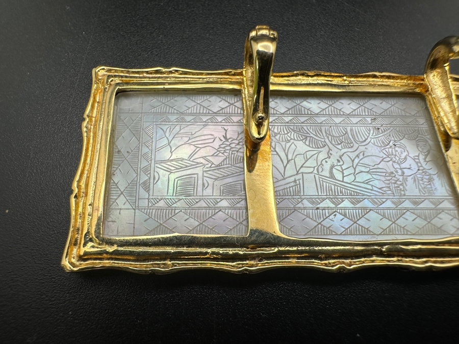 Stunning Chinese Antique Carved Mother Of Pearl Gaming Counter Framed In A 14K Gold Pendant 2-3/8 X 1 11g [Photo 8]