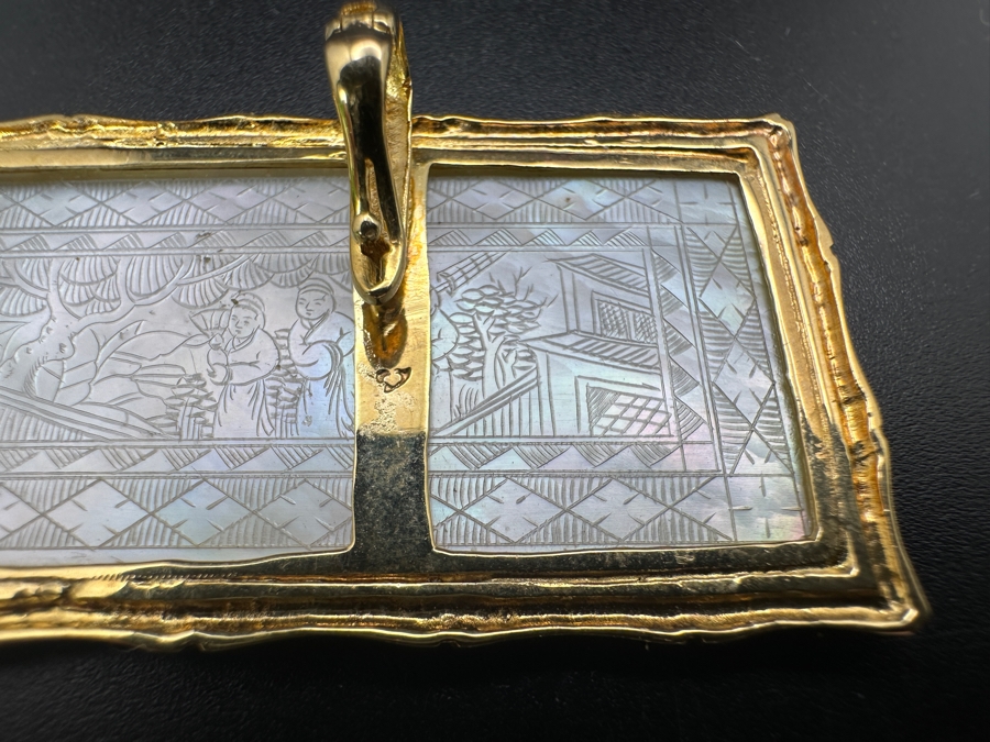 Stunning Chinese Antique Carved Mother Of Pearl Gaming Counter Framed In A 14K Gold Pendant 2-3/8 X 1 11g [Photo 10]