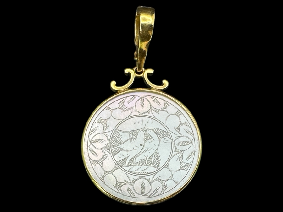Chinese Antique Carved Mother Of Pearl Gaming Counter Circa Emperor Ch'ien Lung (1736-1796) Framed In 14K Gold Pendant With Certificate Of Authenticity 5.7g