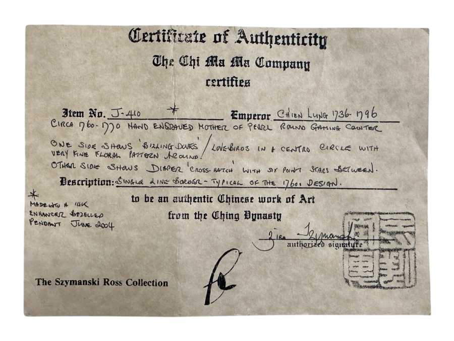 Chinese Antique Carved Mother Of Pearl Gaming Counter Circa Emperor Ch'ien Lung (1736-1796) Framed In 14K Gold Pendant With Certificate Of Authenticity 5.7g [Photo 2]