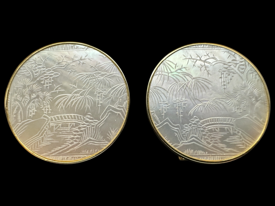 Chinese Antique Carved Mother Of Pearl Gaming Counters Framed In 14K Gold Earrings 3.8g