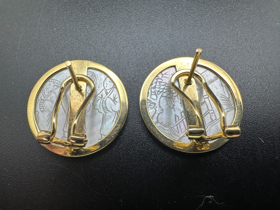 Chinese Antique Carved Mother Of Pearl Gaming Counters Framed In 14K Gold Earrings 3.8g [Photo 4]