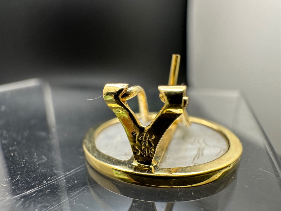 Chinese Antique Carved Mother Of Pearl Gaming Counters Framed In 14K Gold Earrings 3.8g [Photo 7]