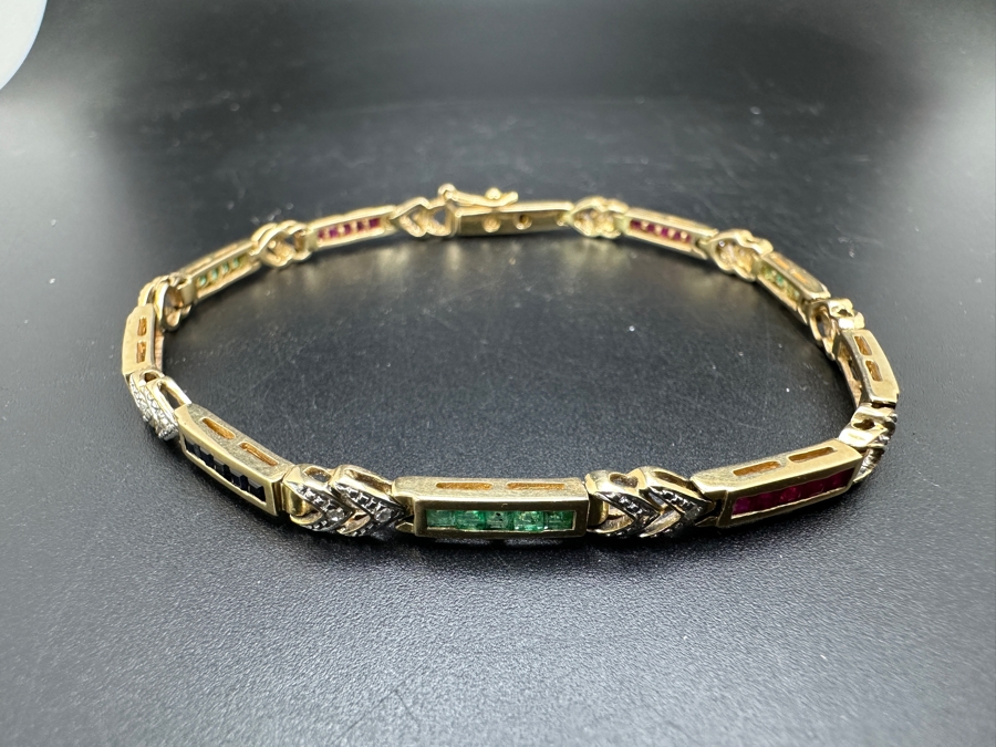 14k Gold 7.5' Bracelet Set With 15 Blue Sapphires, 15 Emeralds, 20 Rubies & 10 .01ct Round Diamonds 10.8g Retails $3,600 [Photo 14]