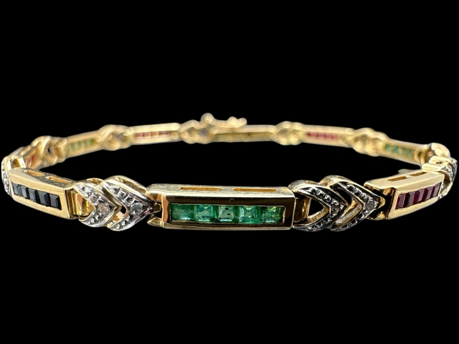 14k Gold 7.5' Bracelet Set With 15 Blue Sapphires, 15 Emeralds, 20 Rubies & 10 .01ct Round Diamonds 10.8g Retails $3,600