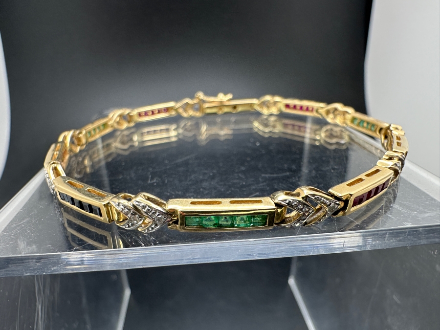 14k Gold 7.5' Bracelet Set With 15 Blue Sapphires, 15 Emeralds, 20 Rubies & 10 .01ct Round Diamonds 10.8g Retails $3,600 [Photo 11]