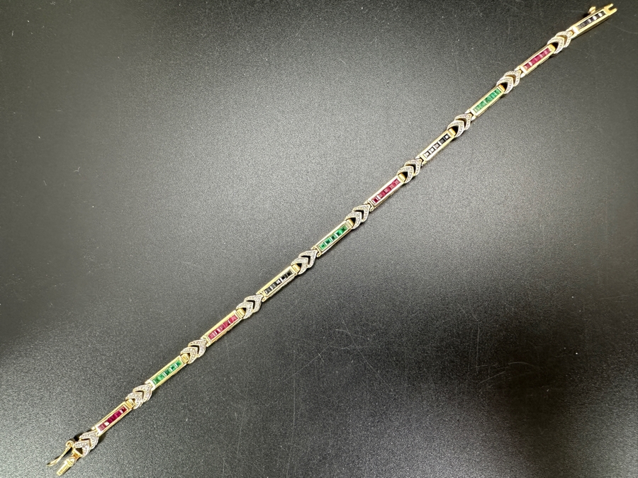 14k Gold 7.5' Bracelet Set With 15 Blue Sapphires, 15 Emeralds, 20 Rubies & 10 .01ct Round Diamonds 10.8g Retails $3,600 [Photo 3]