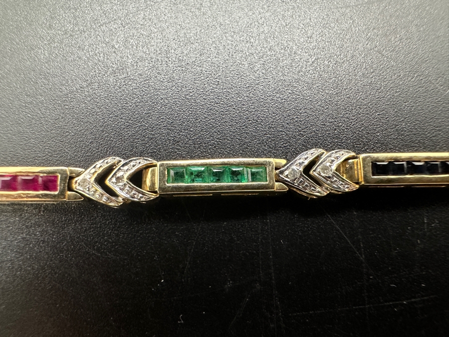 14k Gold 7.5' Bracelet Set With 15 Blue Sapphires, 15 Emeralds, 20 Rubies & 10 .01ct Round Diamonds 10.8g Retails $3,600 [Photo 4]