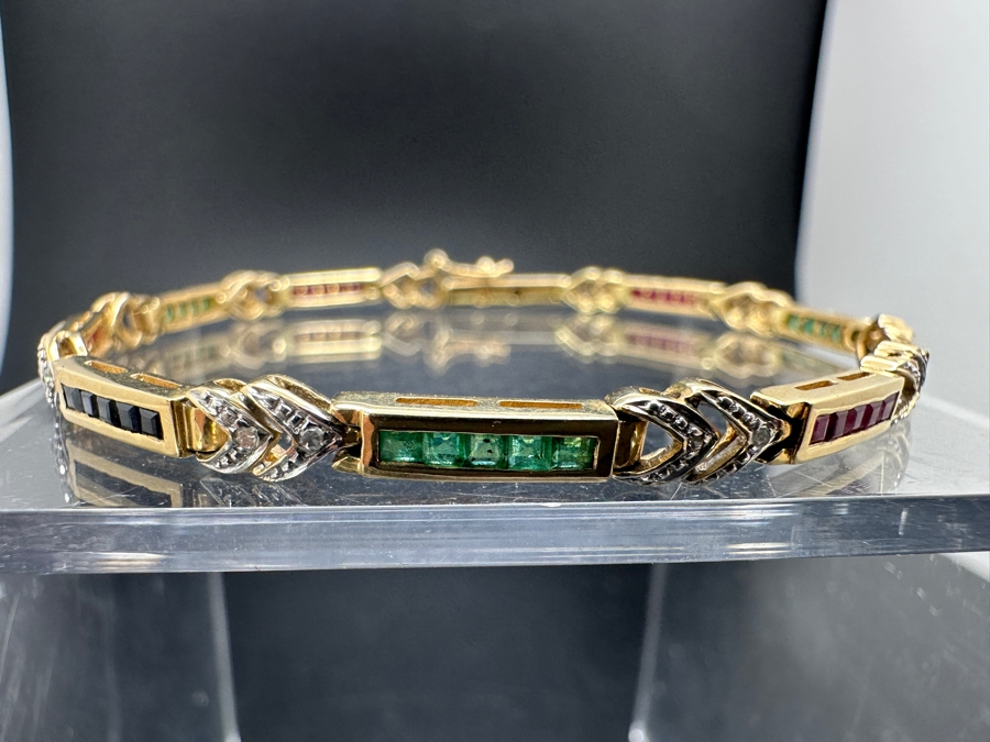 14k Gold 7.5' Bracelet Set With 15 Blue Sapphires, 15 Emeralds, 20 Rubies & 10 .01ct Round Diamonds 10.8g Retails $3,600 [Photo 10]