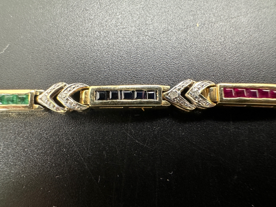 14k Gold 7.5' Bracelet Set With 15 Blue Sapphires, 15 Emeralds, 20 Rubies & 10 .01ct Round Diamonds 10.8g Retails $3,600 [Photo 5]