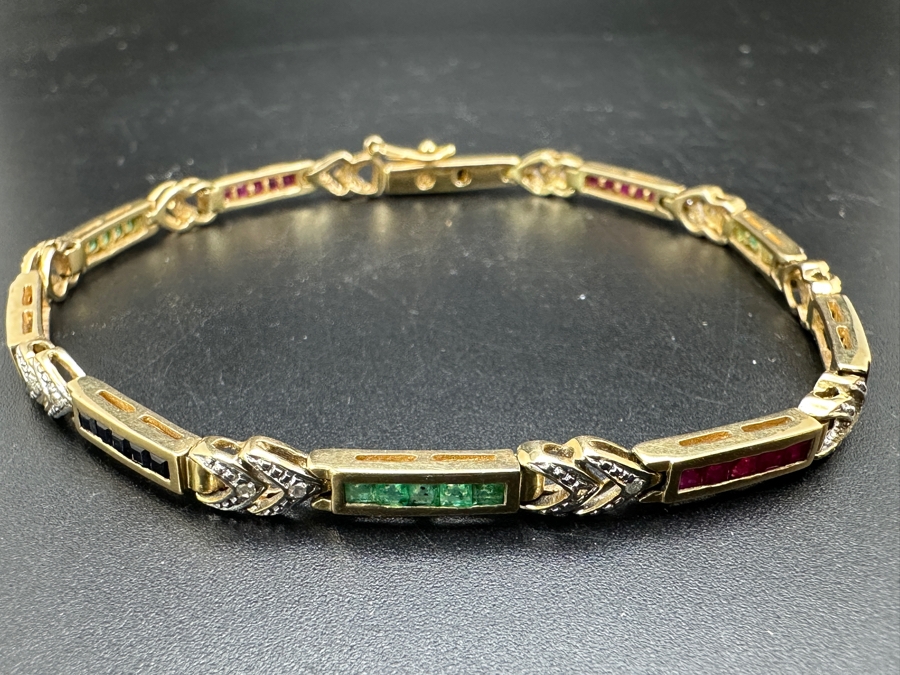 14k Gold 7.5' Bracelet Set With 15 Blue Sapphires, 15 Emeralds, 20 Rubies & 10 .01ct Round Diamonds 10.8g Retails $3,600 [Photo 13]