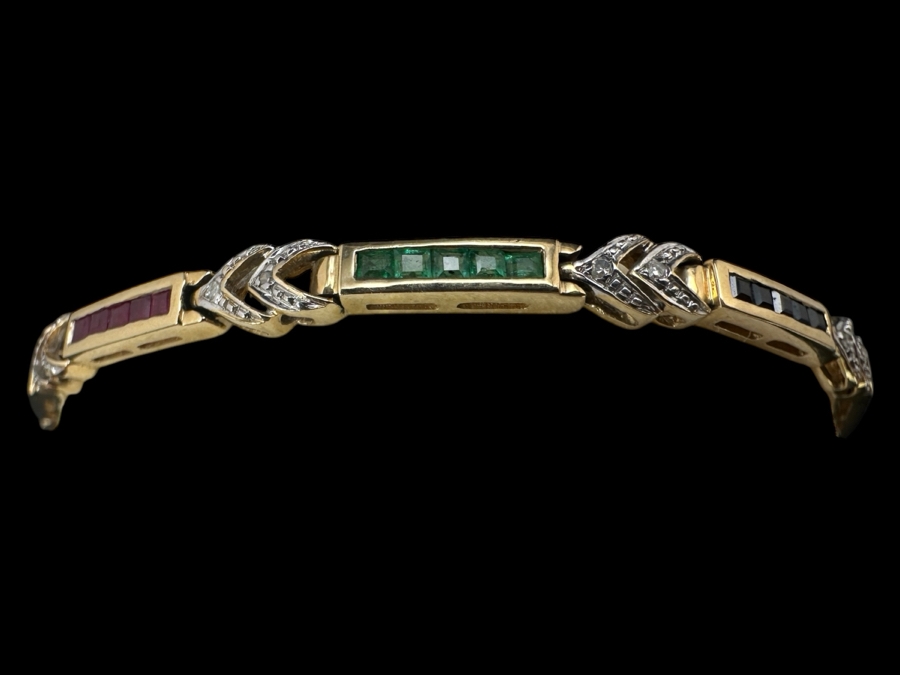 14k Gold 7.5' Bracelet Set With 15 Blue Sapphires, 15 Emeralds, 20 Rubies & 10 .01ct Round Diamonds 10.8g Retails $3,600 [Photo 2]