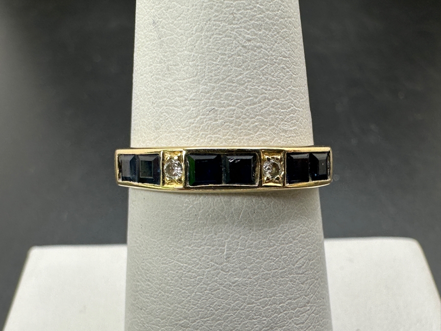 14k Gold Ring Set With 6 Blue Sapphires And 2 .02 Round Diamonds Size 7 2.3g Retails $1,000 [Photo 2]