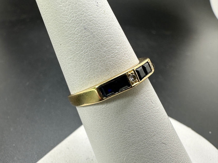 14k Gold Ring Set With 6 Blue Sapphires And 2 .02 Round Diamonds Size 7 2.3g Retails $1,000 [Photo 4]