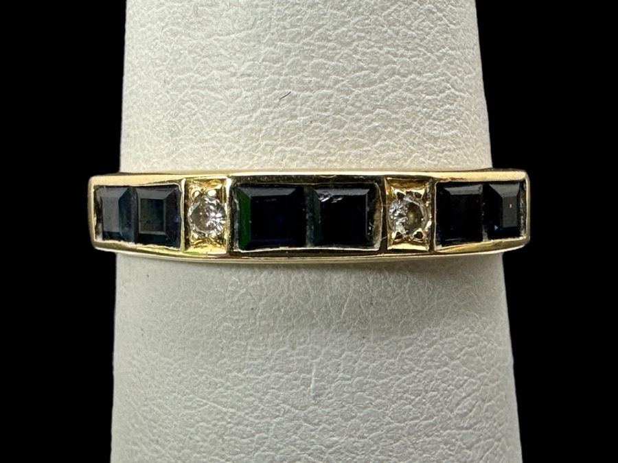 14k Gold Ring Set With 6 Blue Sapphires And 2 .02 Round Diamonds Size 7 2.3g Retails $1,000 [Photo 1]