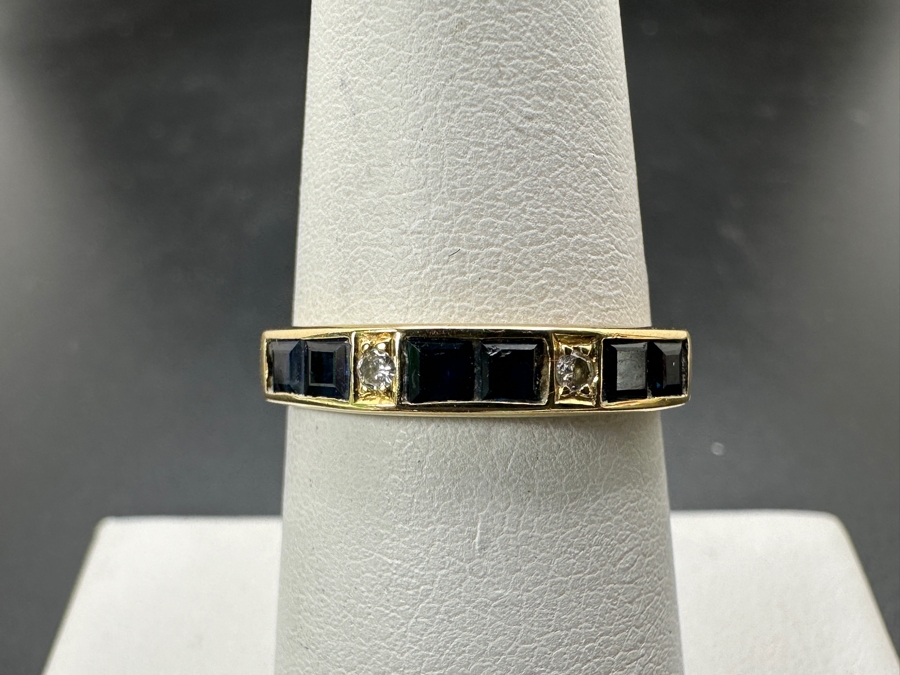 14k Gold Ring Set With 6 Blue Sapphires And 2 .02 Round Diamonds Size 7 2.3g Retails $1,000 [Photo 3]