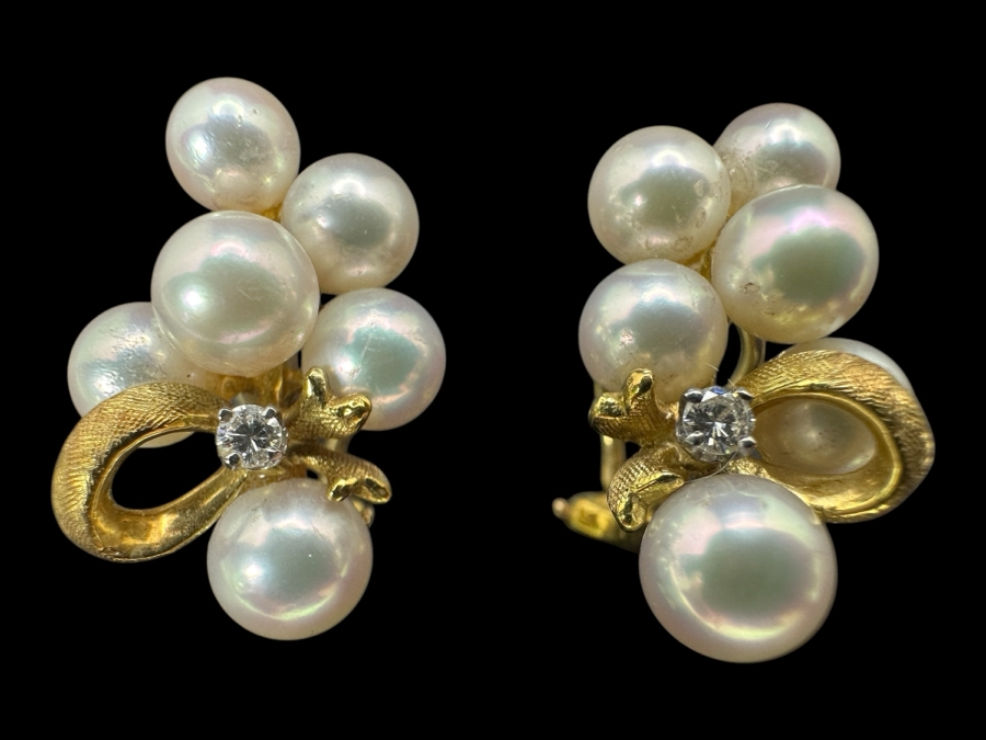 18k Gold Earrings With 12 Pearls And 2 Round Brilliant Diamonds (est. .06cttw) 10.5g Retails $2,800 [Photo 1]