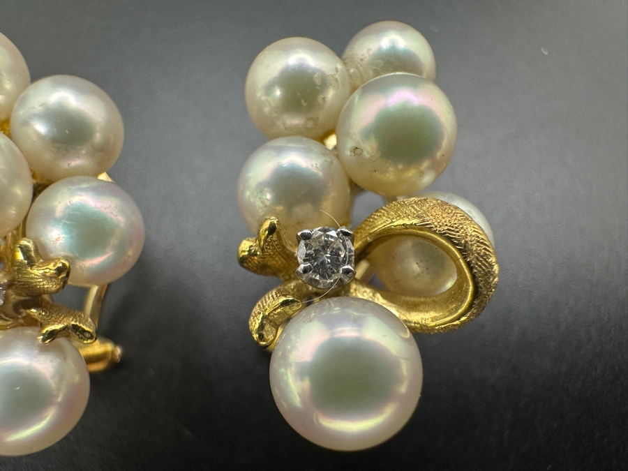 18k Gold Earrings With 12 Pearls And 2 Round Brilliant Diamonds (est. .06cttw) 10.5g Retails $2,800 [Photo 6]