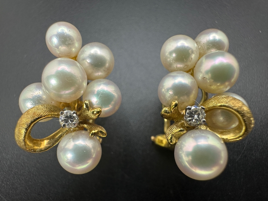 18k Gold Earrings With 12 Pearls And 2 Round Brilliant Diamonds (est. .06cttw) 10.5g Retails $2,800 [Photo 2]