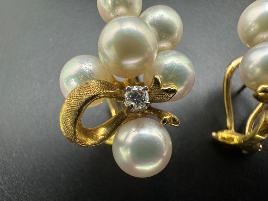 18k Gold Earrings With 12 Pearls And 2 Round Brilliant Diamonds (est. .06cttw) 10.5g Retails $2,800 [Photo 3]